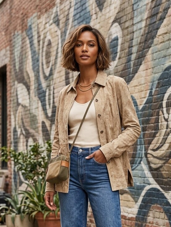 Brandon Thomas Jackets & Blazers - Brandon Thomas Tan Suede Leather Jacket Coat Button Up Shacket Women’s Size M